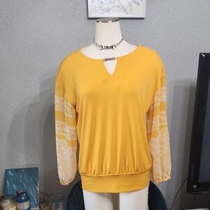 Jm Collections Yellow Women's Top with Sheer Sleeves
